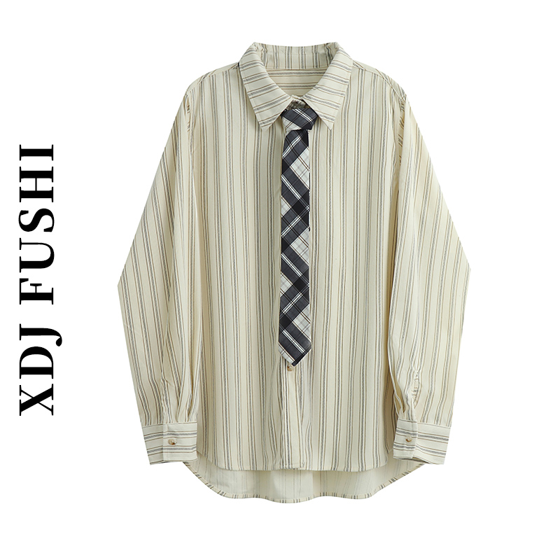 杏色印花条纹衬衫女2025年春秋季复古灯芯绒高级感宽松休闲外套女