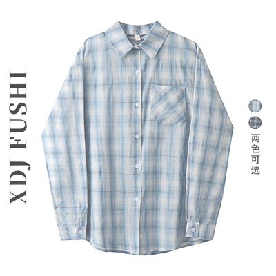 蓝色格子衬衫女2025夏季新款