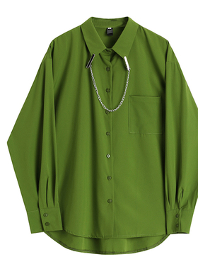 2026春季复古设计感领夹长袖上衣宽松百搭绿色衬衫衬衣显瘦外套潮