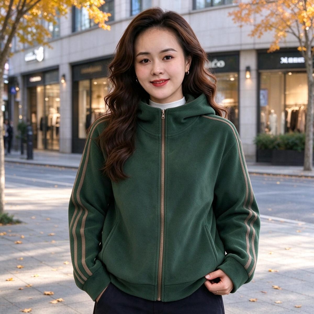 秋冬新款时尚女百搭宽松休闲双面绒保暖卫衣加绒加厚连帽开衫外套