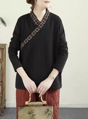 秋冬新款V领双面德绒百搭打底衫上衣复古此次中式小衫长袖T恤女士