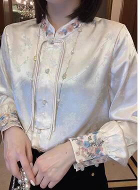 长袖衬衫立领唐装真丝刺绣