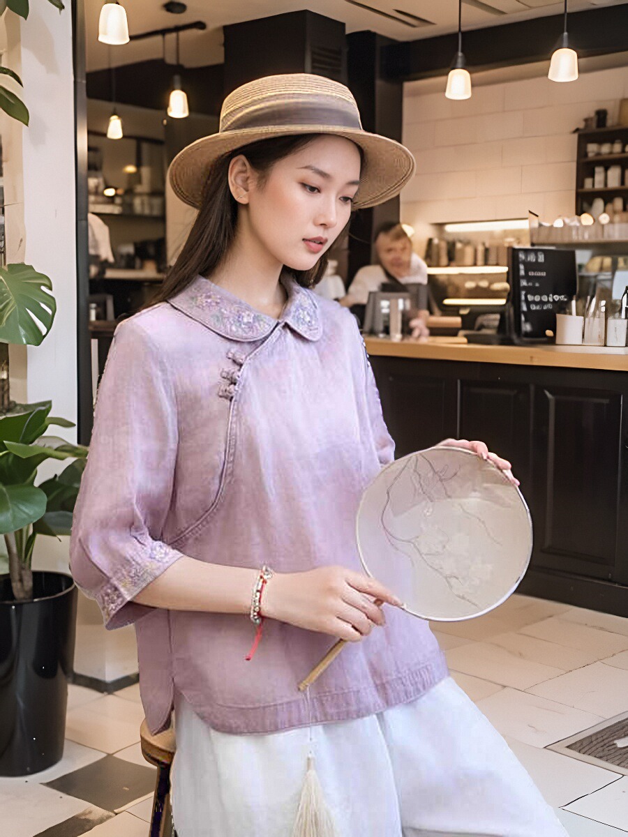 夏季新款复古文艺民族风翻领衬衫斜襟中式盘扣女装棉麻茶服上衣女