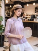 盘扣女装 夏季 斜襟中式 复古文艺民族风翻领衬衫 棉麻茶服上衣女 新款