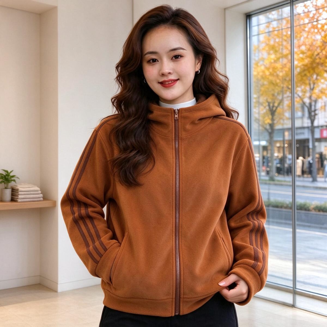 秋冬新款时尚女百搭宽松休闲双面绒保暖卫衣加绒加厚连帽开衫外套