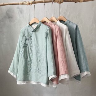 复古刺绣盘扣麻棉衬衫女春秋新款中式禅意茶服宽松拼接圆领上衣女