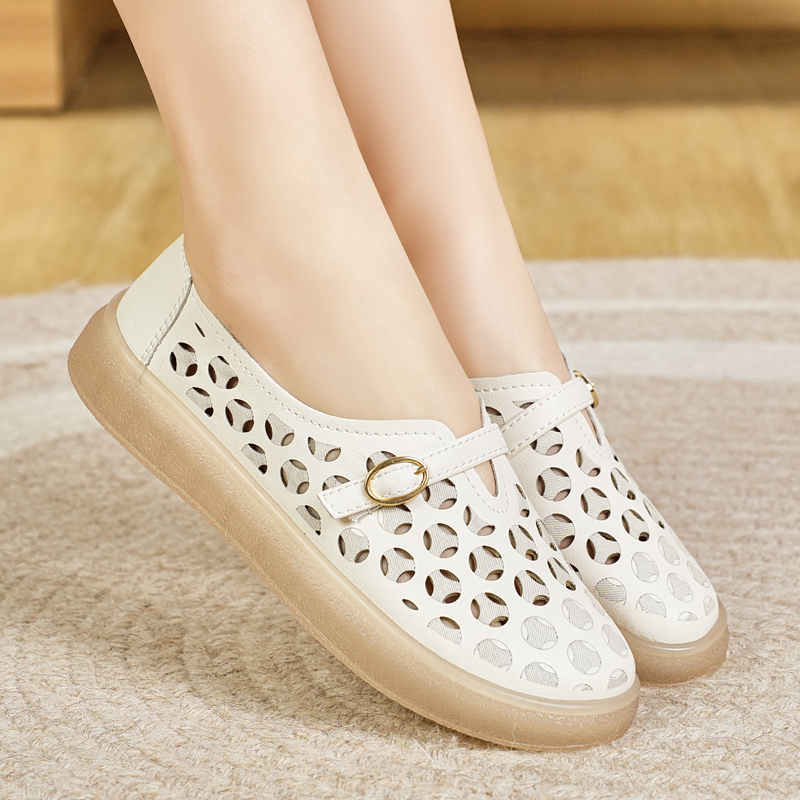 真皮平底包头凉鞋镂空软底女单鞋低跟牛筋底防滑中老年妈妈女凉鞋