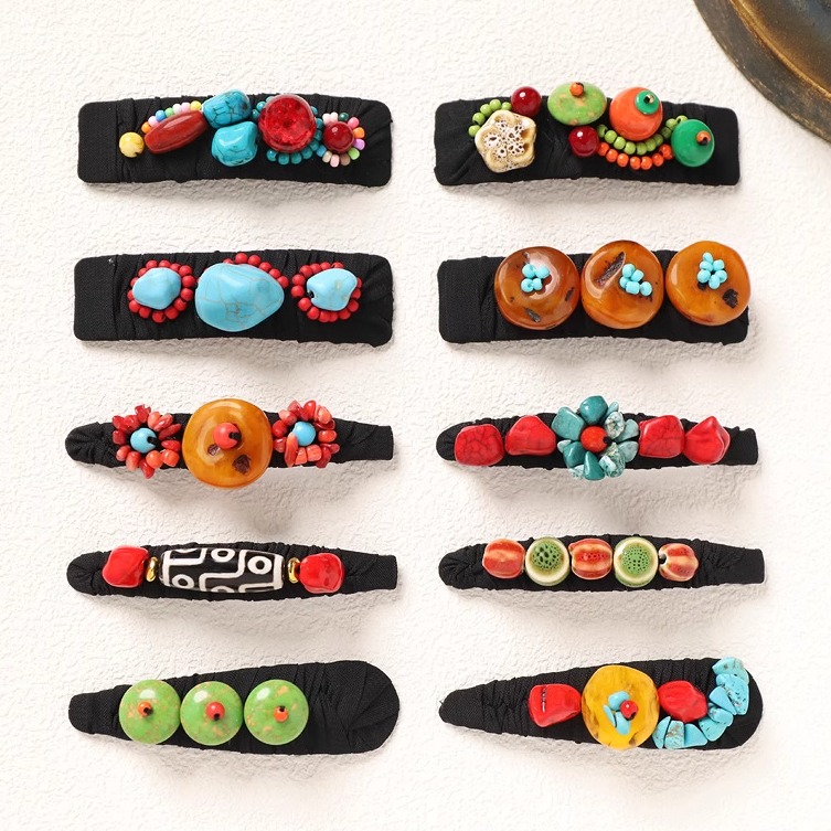 民族风小众设计发夹藏式天珠手工编织松石蜜蜡边夹发饰女复古头饰