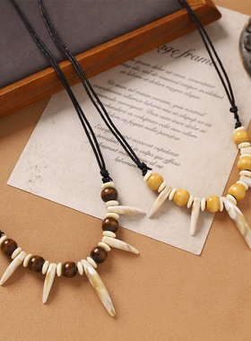 手工编织仿狼牙木珠项链复古小众狗牙部落民族风女个性毛衣配饰