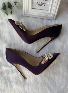优雅紫色沙丁丝绸缎面水钻珍珠蝴蝶结尖头露趾12cm性感情趣高跟鞋