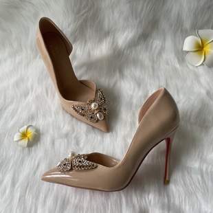 裸色单鞋珍珠水钻蝶结扣侧空侧漏淑女名媛定制大码小码高跟鞋婚鞋