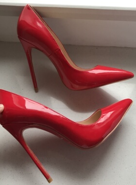 实拍大红色漆皮尖头浅口晚宴新娘伴娘婚鞋12cm超细跟性感高跟鞋