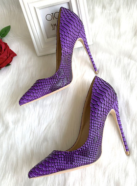 实拍性感紫色刀割蟒蛇纹尖头露趾女式春秋定制12cm超细跟高跟单鞋