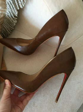 欧美外贸爆款棕咖啡色柔软皮尖头浅口OL气质女式10,8 12cm高跟鞋