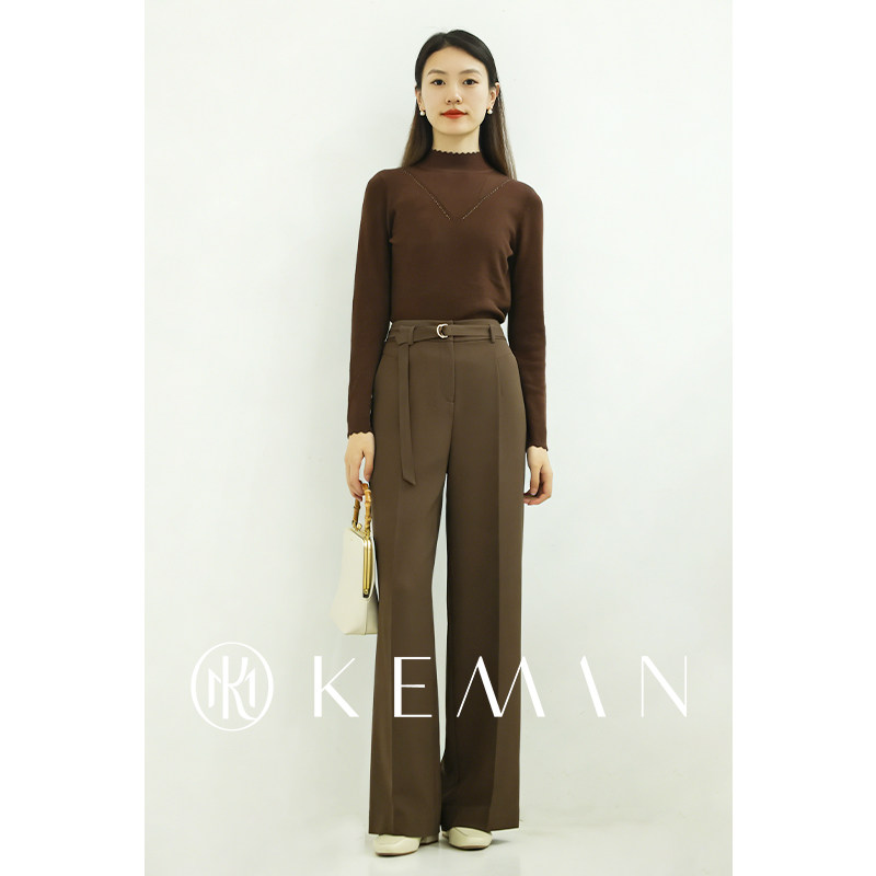 KEMAN珂曼女装 高腰通勤显瘦裤简约淑女正装西装裤咖色休闲裤子