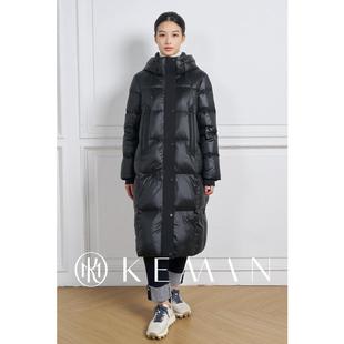 KEMAN珂曼女装过膝长款黑色连帽防风羽绒服直筒显瘦保暖冬季外套