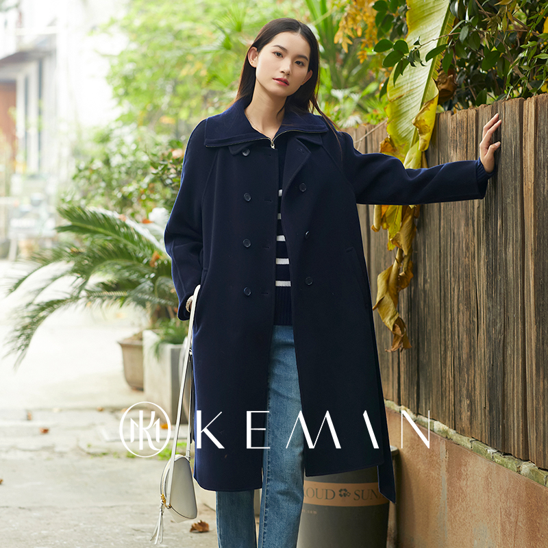 绵羊毛100%秋冬藏青色大衣外套女