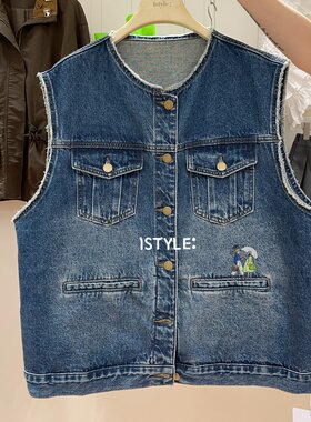 2026秋季istyle韩版无袖坎肩背心夹克趣味刺绣印花牛仔马甲外套女