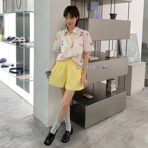 istyle韩版2024春夏衬衣搞怪蝴蝶结狗狗图案印花宽松显瘦短袖衬衫