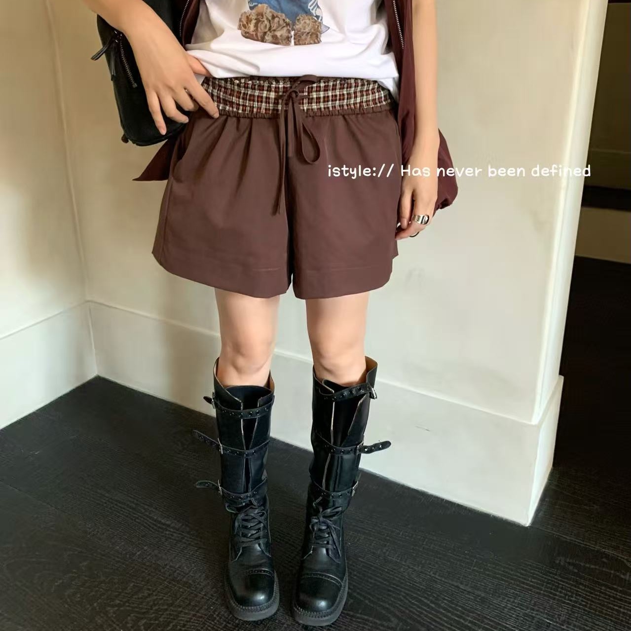 韩版istyle秋季新款格纹卷边高腰设计a字阔腿裤系带休闲短裤女潮