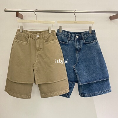 韩版istyle春季2026新款复古水洗中裤拼接双层设计感五分牛仔裤女