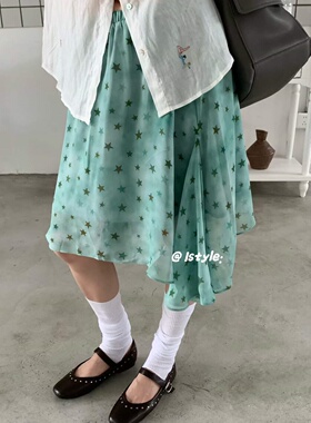 2026春夏istyle韩版绿色星星印花不规则半身裙女松紧腰碎花感半裙