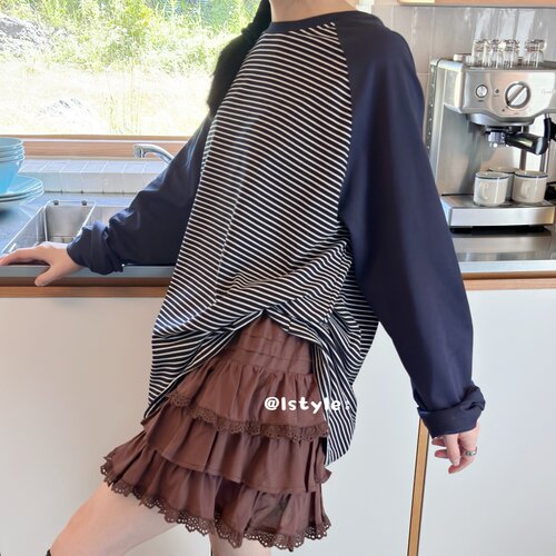 istyle韩版米奇卡通条纹插肩袖长袖T恤女宽松百搭遮肚藏肉上衣潮
