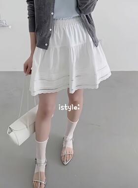韩系istyle长袖甜美白色花边半身裙女短裙层次感拼接A字裙小清新