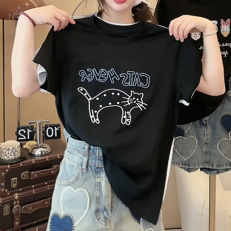 重工刺绣钉珠短袖t恤女2025夏季新款爆款宽松显瘦百搭女士上衣潮