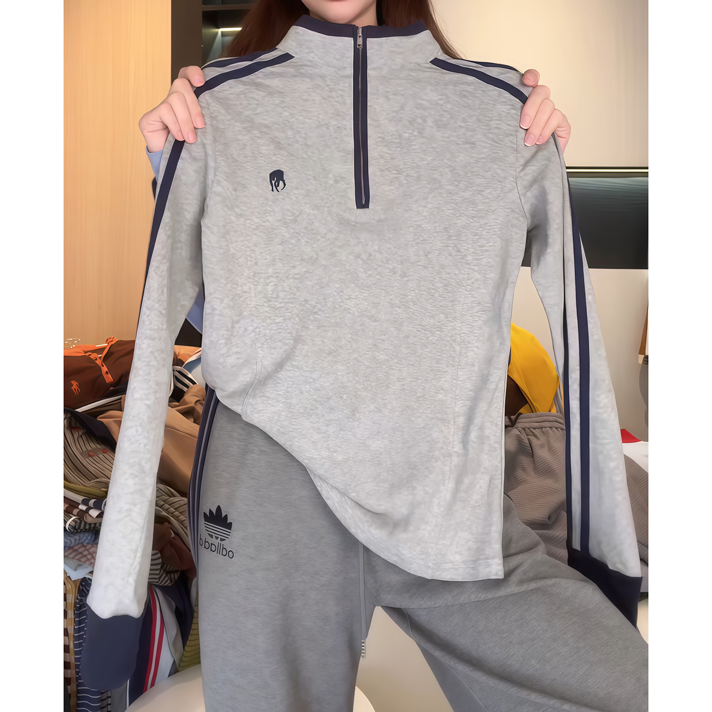 半拉链立领长袖t恤女2025秋冬新款宽松洋气百搭大码胖mm女士上衣