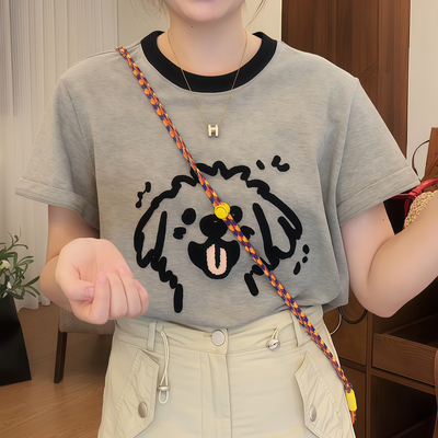 绣花短袖t恤女2025夏季新款爆款撞色宽松显瘦大码女士半袖上衣潮