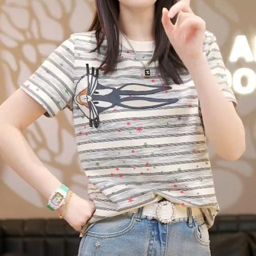 绣花短袖T恤女2025夏季新款小众设计感时尚休闲百搭显瘦大码上衣