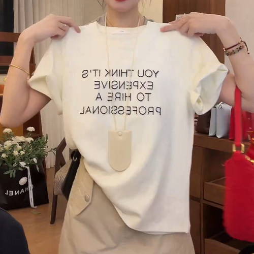 重工字母刺绣短袖恤女2026夏季新款宽松显瘦休闲大码体恤纯棉上衣