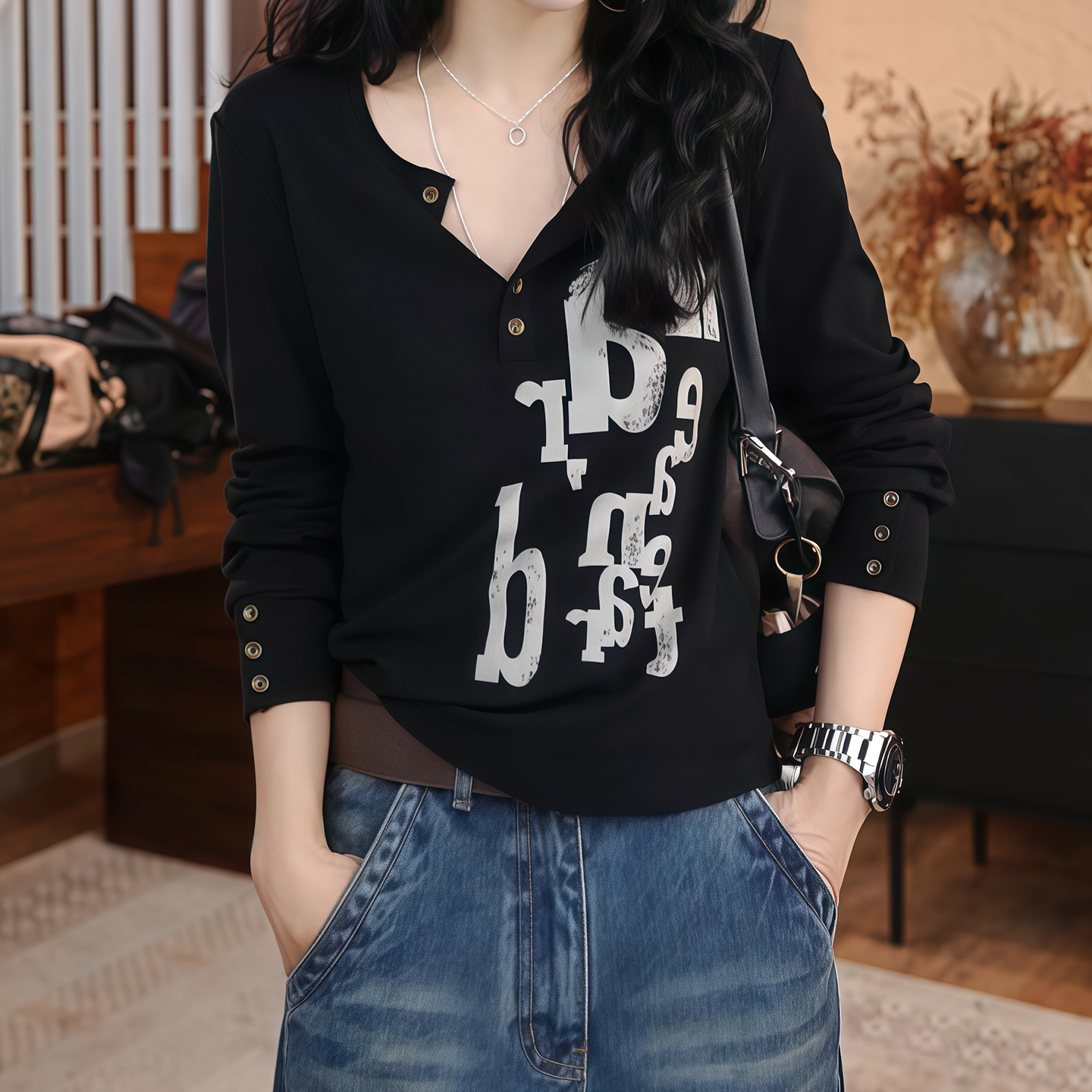 设计感时尚印花长袖t恤女2025秋季新款爆款宽松大码胖mm女士上衣