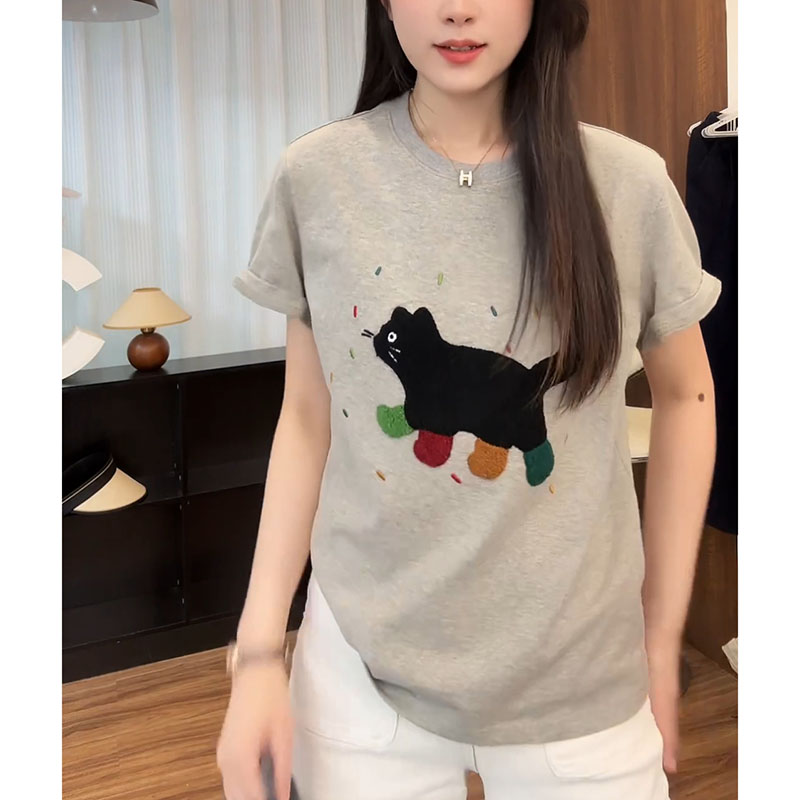 重工绣花短袖t恤女2025夏季新款宽松显瘦百搭大码小众设计感上衣