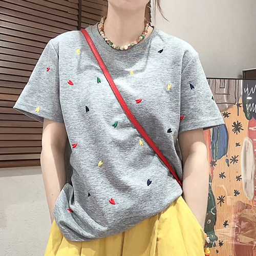 重工小爱心刺绣短袖t恤女2026夏季新款宽松百搭设计感女士上衣潮