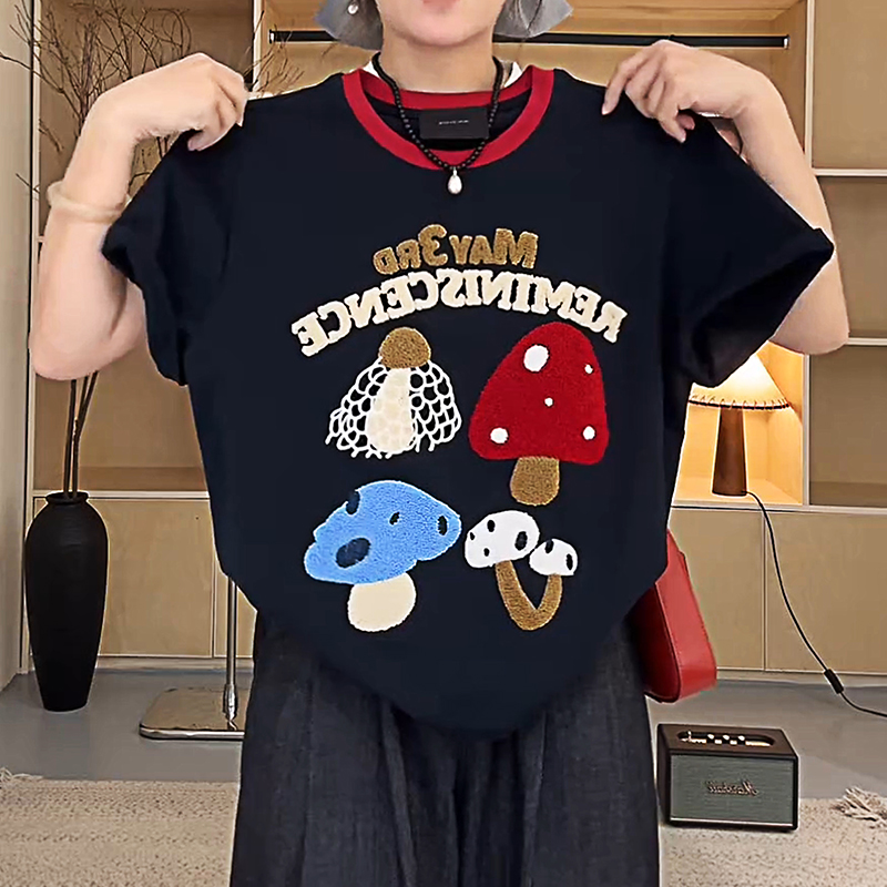 重工毛巾绣短袖t恤女2025夏季新款宽松显瘦百搭设计感女士上衣潮