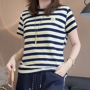 刺绣条纹短袖t恤女大码胖mm2026夏季新款薄款宽松显瘦百搭上衣