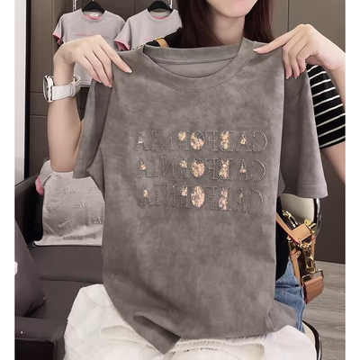 重工刺绣亮片短袖t恤女2025夏季新款宽松百搭休闲设计感女士上衣