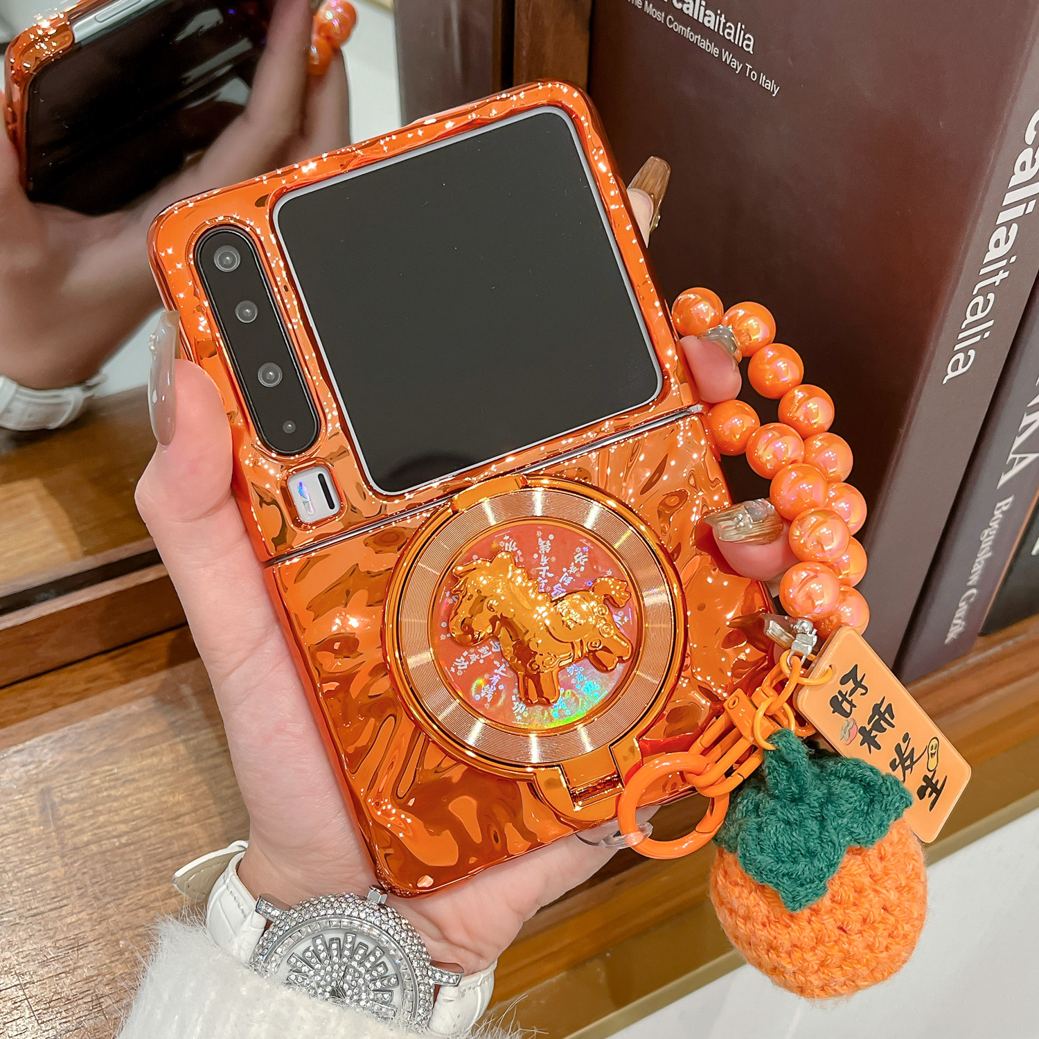 适用华为purax手机壳橙色新款pocket2马年支架Pura X阔折叠屏电镀硬壳Pocket S防摔好柿发生手链matex6保护套