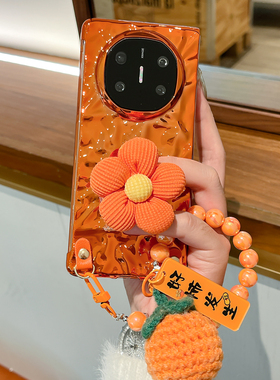 适用华为matex7手机壳新款电镀橙色matex6花朵支架外壳mate x5折叠屏创意硬壳Mate X3典藏版防摔手链保护套女