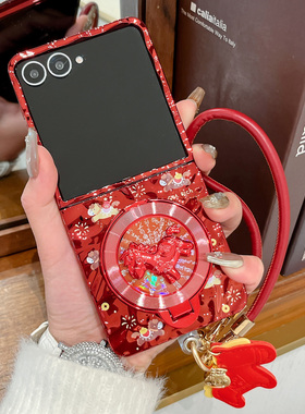 适用三星zflip7手机壳新款电镀橙色ZFlip6旋转马支ZFlip5折叠屏个性红色外壳ZFlip4硬壳防摔皮绳ZFlip3保护套