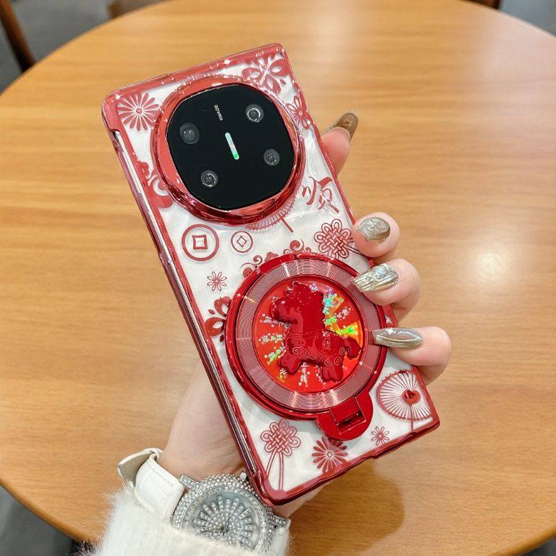 适用华为matex7手机壳红色花纹新款MATE X6马年支架电镀外壳mate x5折叠屏创意透明硬壳MateX3防摔手链保护套