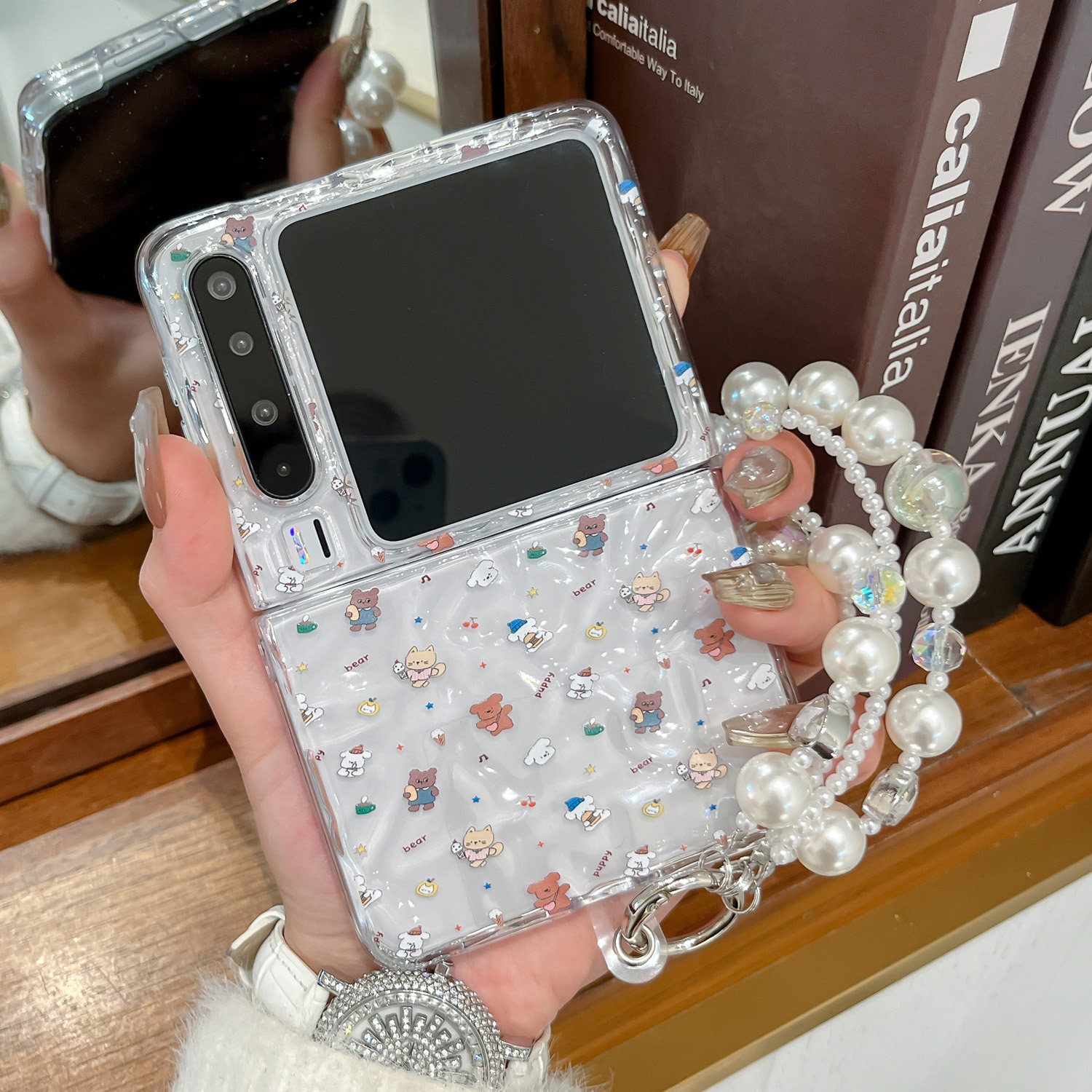 适用华为purax手机壳透明水波纹可爱小狗pocket2折叠屏p50pocket女款简约镜子珍珠手链novaflip防摔保护套