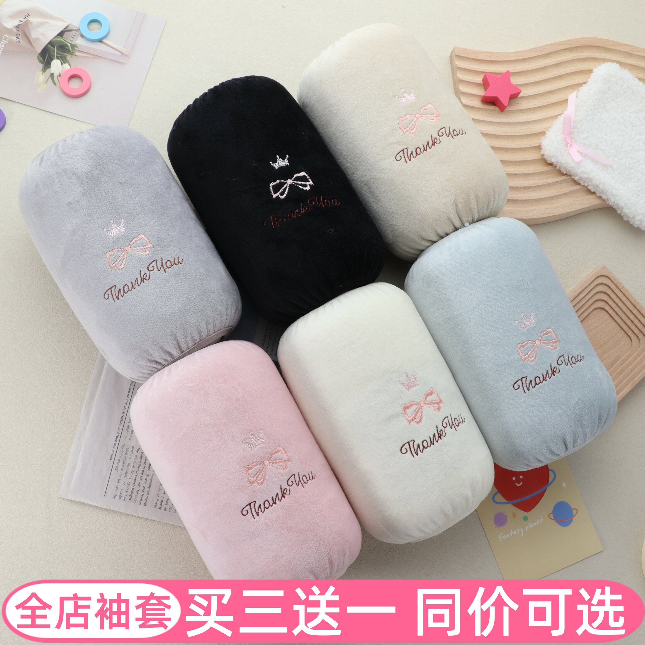 蝴蝶结袖套女秋季冬短款办公手臂套袖防脏护袖头儿童女孩绒布成人