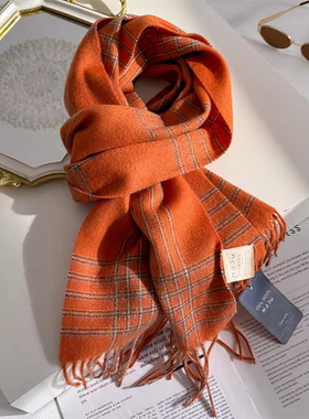 100%纯羊毛围巾女冬季2025新款橙色格纹羊绒围脖加厚保暖高级感