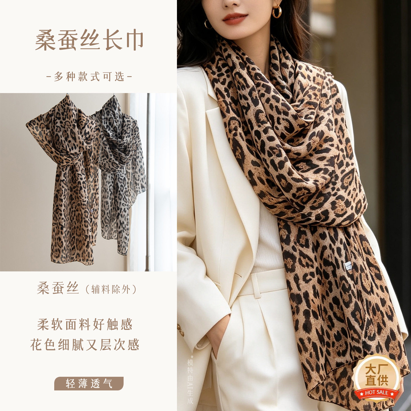 时尚洋气桑蚕丝豹纹真丝丝巾透气轻薄款纱巾女高级感围巾旅游披肩