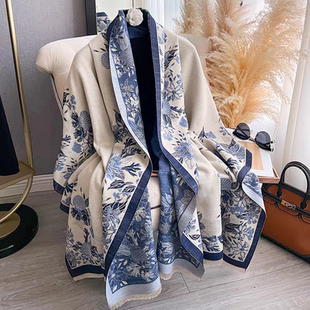 高级感蓝色仿羊绒围巾秋冬季女百搭披肩两用外搭保暖妈妈新年礼物