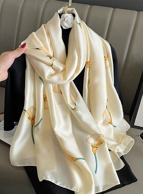 春秋冬季韩版百搭仿真丝围巾新丝缎丝巾高级感纱巾披肩两用女薄款