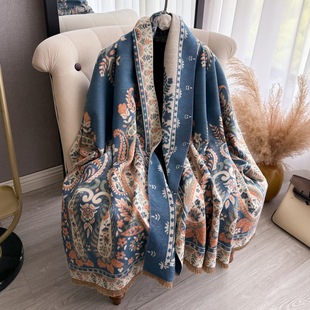 2025新款秋冬季保暖加厚双面腰果花仿羊绒围巾百搭复古民族风披肩